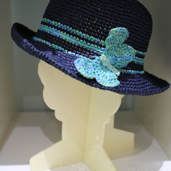 rayon raffia hat 手工鉤針編織草帽遮陽帽拉菲亞草帽藍色女帽帽子情侶帽蝴蝶生日禮物交換禮物客製訂製定製 第6張的照片