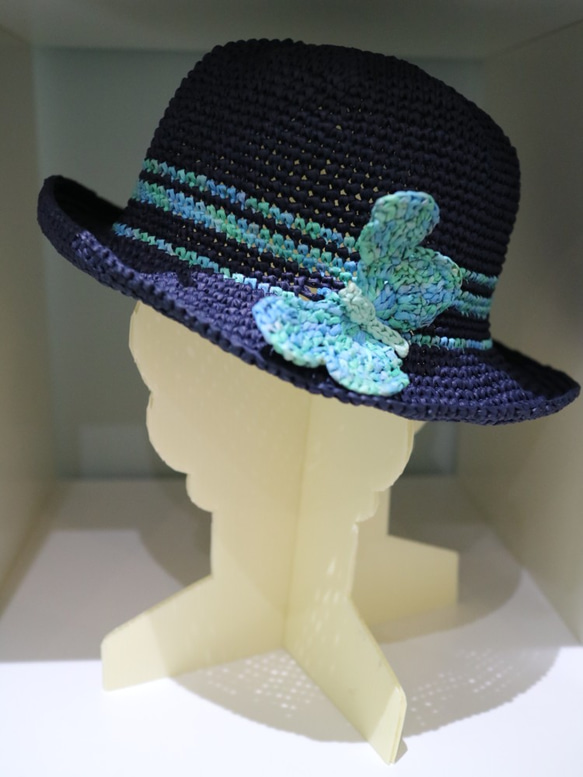 rayon raffia hat 手工鉤針編織草帽遮陽帽拉菲亞草帽藍色女帽帽子情侶帽蝴蝶生日禮物交換禮物客製訂製定製 第6張的照片