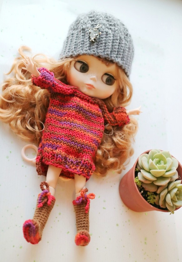 ブライス小さな布製 6 点人形手編み人形ファッション衣類の組み合わせ (毛皮の帽子、長いセーター、ブーツ、小さな下着を含む) 3枚目の画像