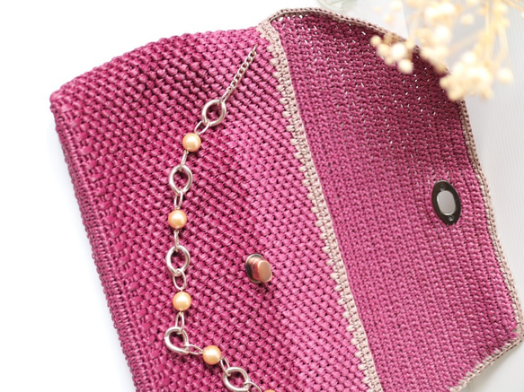 ハンドメイドかぎ針編みダークレッド2色ショルダークラッチイブニングバッグスワロフスキーショートチェーン多目的ファッションレディー 8枚目の画像