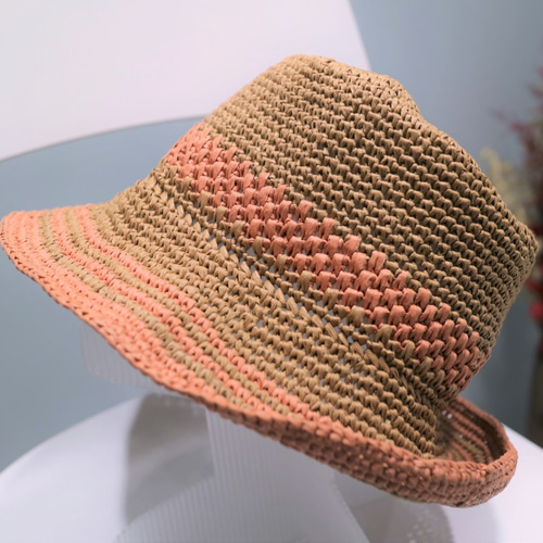 女性用帽子 ハンドメイド かぎ針編み 麦わら帽子 サンハット ラフィア