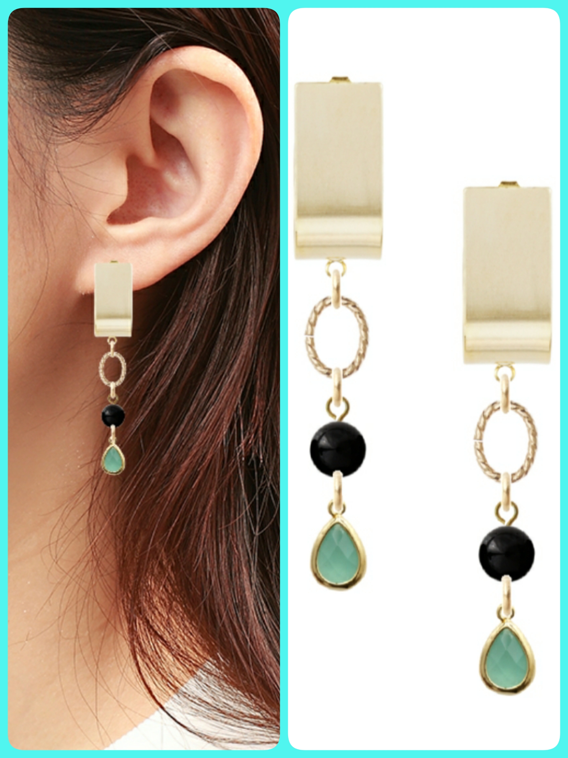 ジェーラインメタルピアス×天然石オニキス6mm×14KGデザイン丸カンツイストオーバル