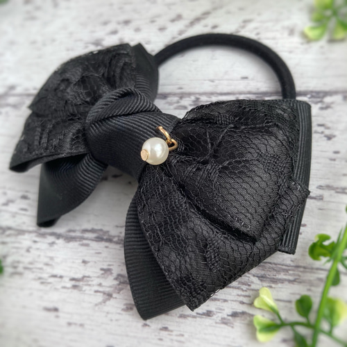 ポニーフックに変更可♡レースサテンリボンのヘアゴム ブラック  