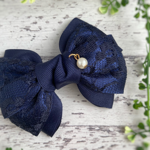 ポニーフックに変更可♡レースサテンリボンのヘアゴム ネイビー  