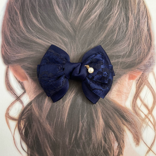 ポニーフックに変更可♡レースサテンリボンのヘアゴム ネイビー  