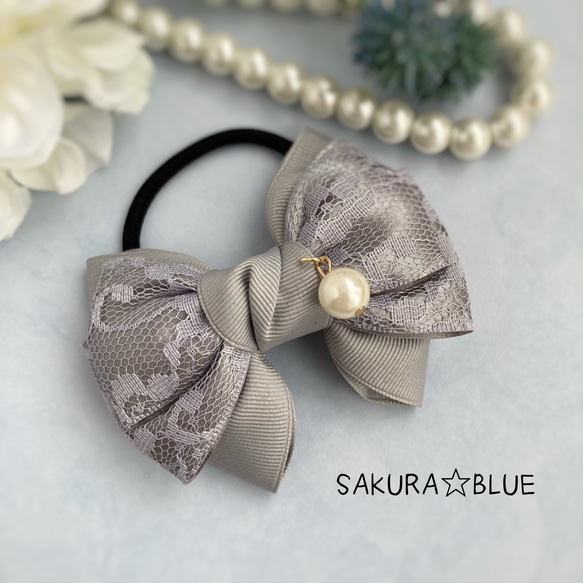 ポニーフックに変更可♡レースサテンリボンのヘアゴム グレー ヘアゴム  