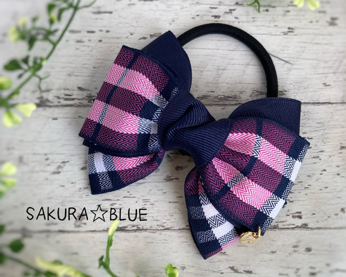 【チェリーピンク✕ネイビー】ラインリボン♡ヘアゴム チェリーピンク✕ネイビー】ラインリボン♡ヘアゴム