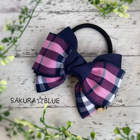ポニーフックに変更可♡タータンチェックリボンのヘアゴム ピンク 