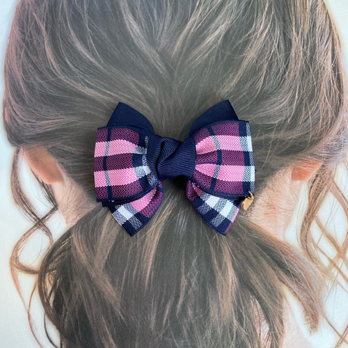 ポニーフックに変更可♡タータンチェックリボンのヘアゴム ピンク