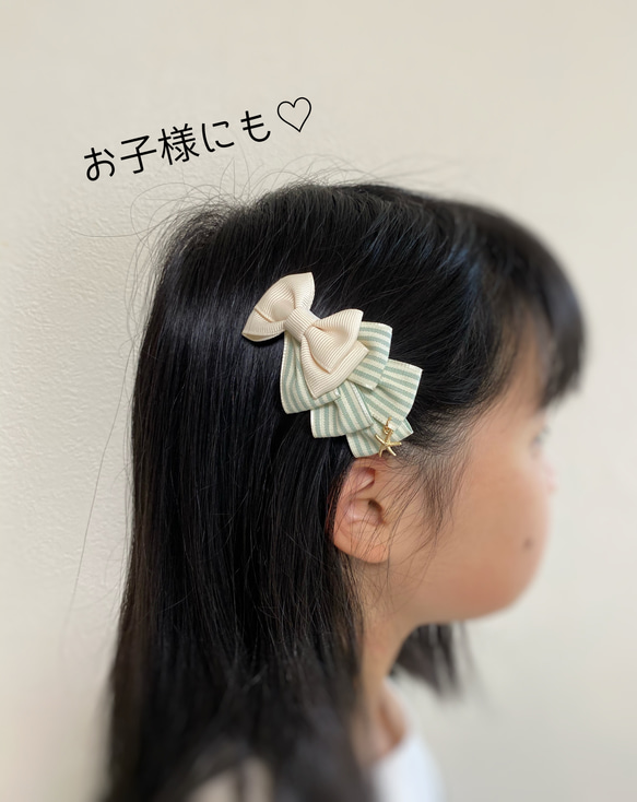 爽やかマリンなストライプ柄リボンのヘアアクセ  レッド系　ミニバレッタorクリップ 6枚目の画像