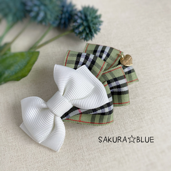 タータンチェックリボンのヘアアクセ ♡カーキ系 ミニバレッタor