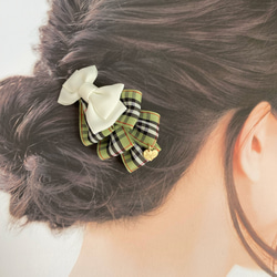タータンチェックリボンのヘアアクセ ♡カーキ系　ミニバレッタorクリップ 2枚目の画像