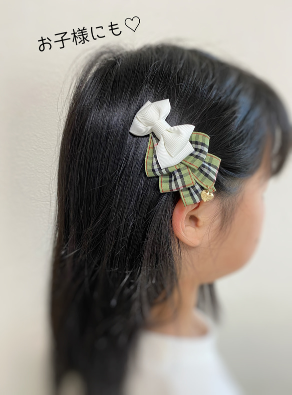タータンチェックリボンのヘアアクセ ♡カーキ系　ミニバレッタorクリップ 6枚目の画像