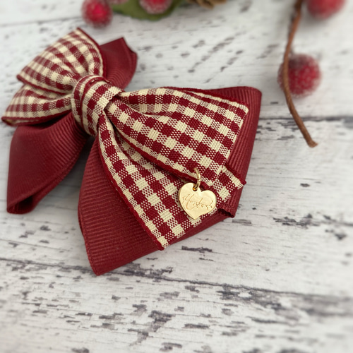 ポニーフック・バレッタ・クリップに変更可♡ギンガムチェックリボンの