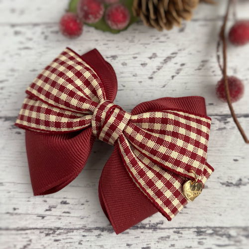 ポニーフック・バレッタ・クリップに変更可♡ギンガムチェックリボンの