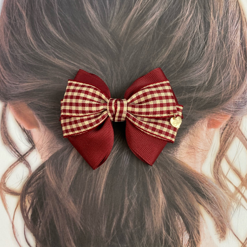 ポニーフック・バレッタ・クリップに変更可♡ギンガムチェックリボンの