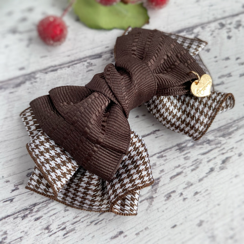 フリルが可愛い♡千鳥格子柄リボンのミニフレアヘアアクセ ブラウン