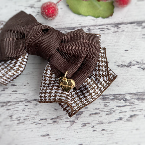 フリルが可愛い♡千鳥格子柄リボンのミニフレアヘアアクセ ブラウン