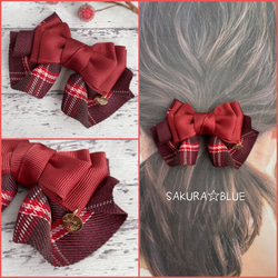 フリルが可愛い♡チェック柄リボンのミニフレアヘアアクセ えんじ