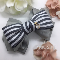 ストライプ柄リボンのふっくらヘアアクセ☆ バレッタ
