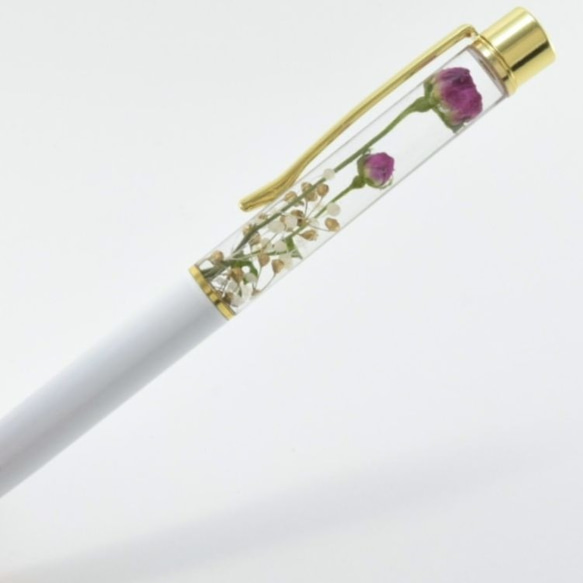 《ギフト先へ直送OK！》世界最小のバラ★ホワイト×ゴールド・ハーバリウムボールペン※受注制作 3枚目の画像
