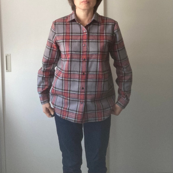 45R☆赤タータンチェックのビッグドレス シャツワンピース ゆったり