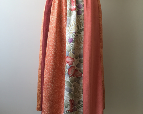 着物リメイク パッチワークスカート 暖色系 ロングスカート（マキシ丈