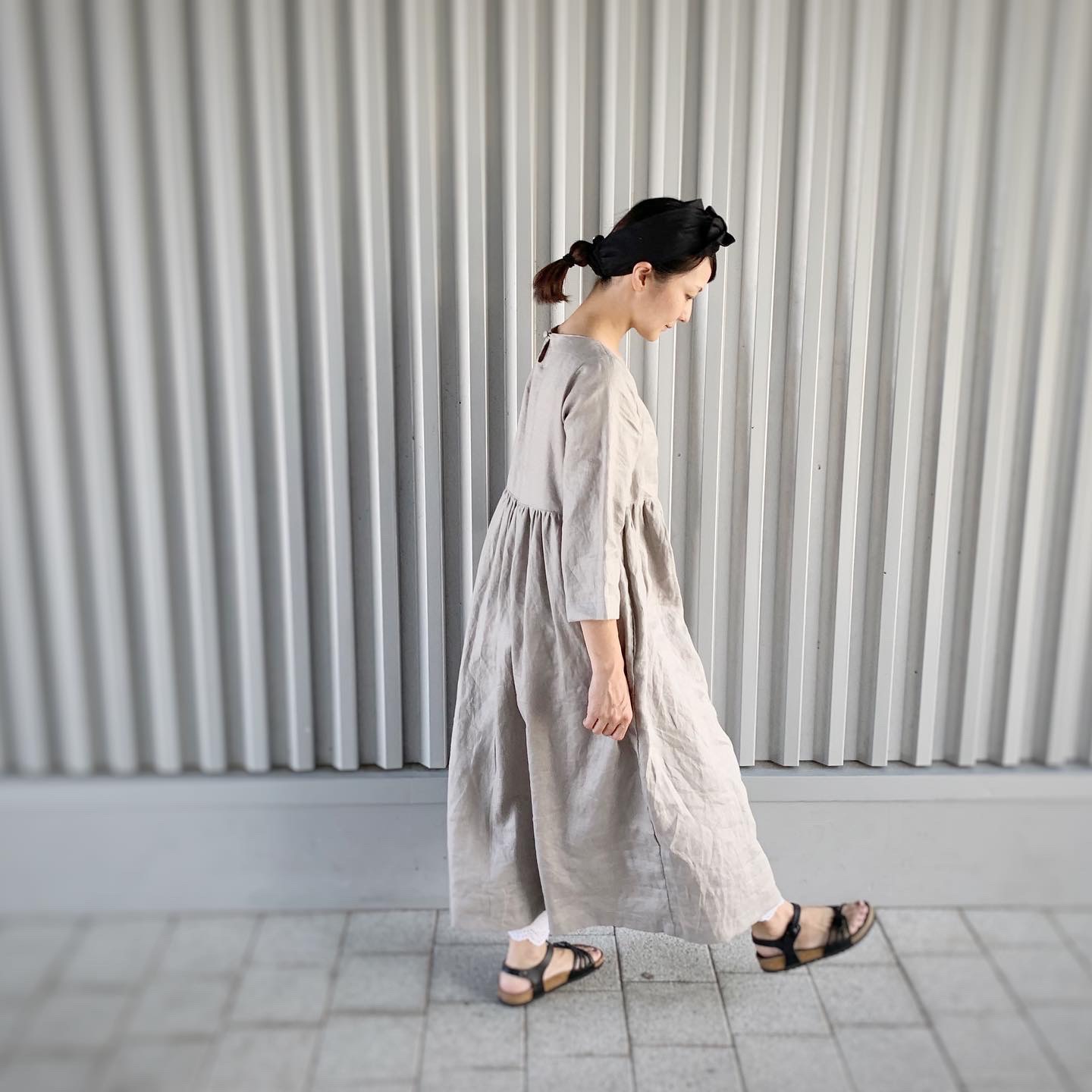 たっぷりギャザーリネンワンピ♡8部袖タイプ♡サイズが3サイズから選べる♡（S、M〜L、LL）♡