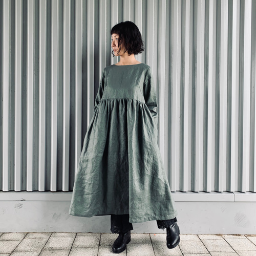 【美品】長袖ギャザーワンピース/FREE/リネン/ブラウン/01194-1354 たっぷりギャザーリネンワンピ♡長袖タイプ♡サイズが3サイズから