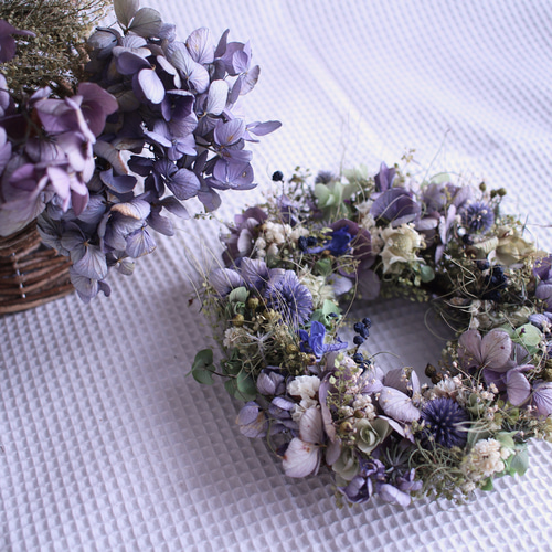Natural＊スモークツリー、瑠璃玉アザミのリース☆ドライフラワーリース