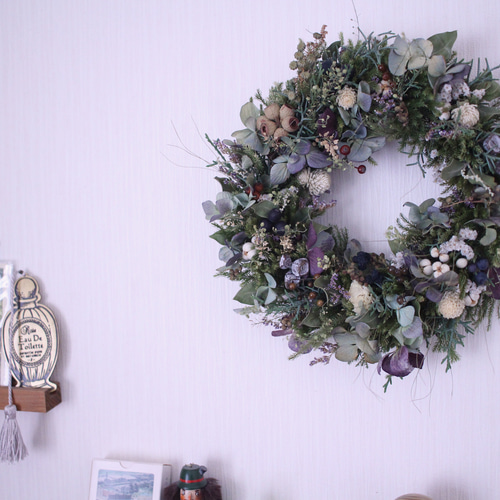 紫陽花とグリーンのふんわりスミレ色リース✳︎春待ちwreathe◎ドライ  