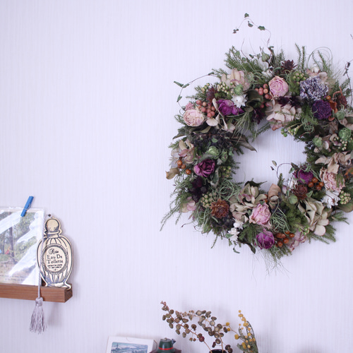 ピンクローズの森の中リース✳︎ドライフラワー◎24センチ リース
