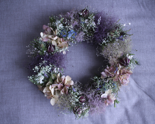 紫色のドライフラワーリース　スモークツリー 紫スモークツリーとアジサイのふわふわリース✳︎ドライフラワー