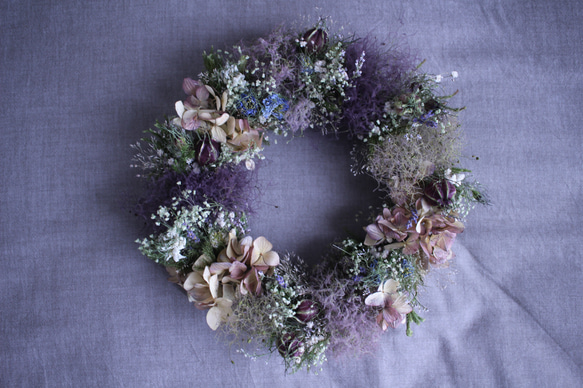 本日(5/27)だけ\2400→\2200＊スモークツリー&アジサイのリース 紫スモークツリーとアジサイのふわふわリース✳︎ドライフラワー