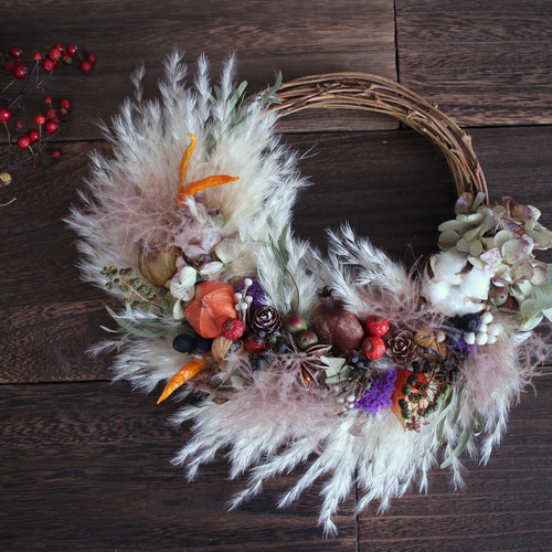 パンパスグラスと秋の実りのハーフリース◎30センチwreathe リース  