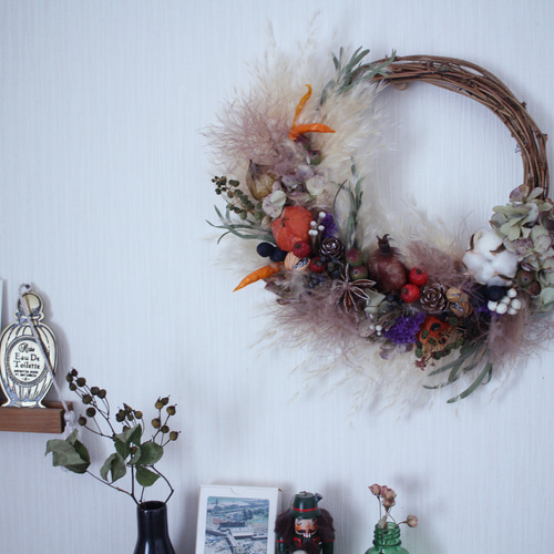 パンパスグラスと秋の実りのハーフリース◎30センチwreathe リース  