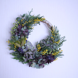 ミモザと秋色紫陽花の三日月リース✳︎ハーブリース 4枚目の画像
