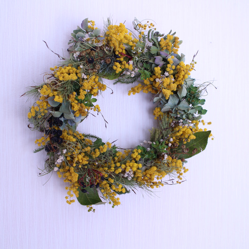 ふんわりミモザと草花の芽吹きリース✳︎ドライフラワーwreathe リース  