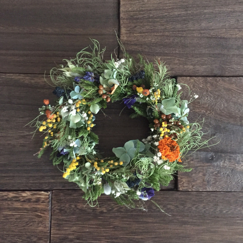 春の野原のグリーンリース＊ドライフラワーwreathe◎22センチ