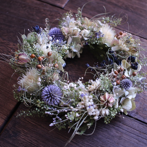 Natural＊スモークツリー、瑠璃玉アザミのリース☆ドライフラワー