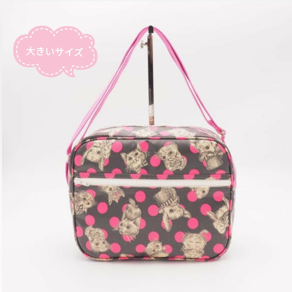 在庫あり　大きい幼稚園ショルダーバッグ　防水ラミネート素材　うさぎと猫　ダークブラウン ピンク　動物 通園バッグ　女の子