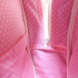 受注製作　幼稚園バッグ　ショルダーバッグ　防水ラミネート  マカロン 苺 ピンク水玉 通園バッグ　入園　女の子 6枚目の画像