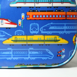 ショルダーバッグ　ラミネート　電車　新幹線　ドクターイエロー　青　デニム　入園　通園バッグ　かっこいい　乗り物 2枚目の画像