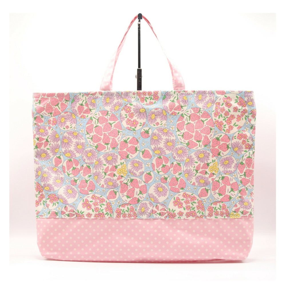 ファスナー付きで安心　防水ラミネート素材のレッスンバッグ　YUWAいちご　お花　桜ピンクドット　入園入学　通園バッグ        Ω