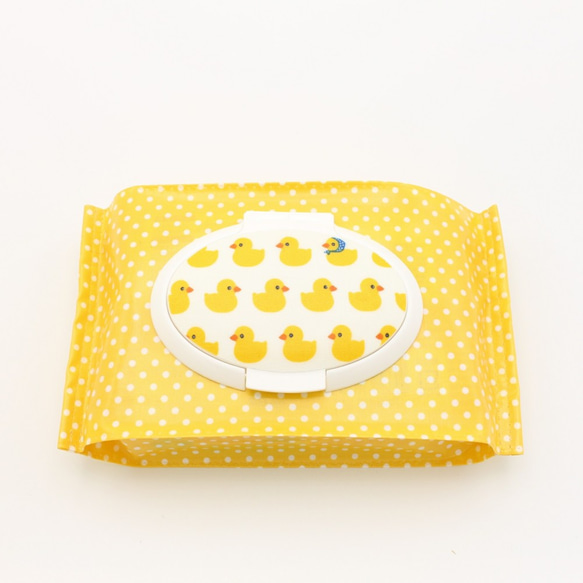 カビない乾きにくい　おしりふきケース　かわいい　アヒル　黄色水玉　出産祝い 女の子　男の子  除菌シート 3枚目の画像