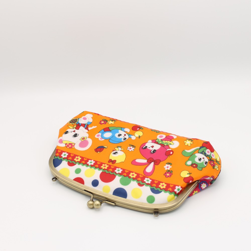 親子がま口　長財布　防水・撥水ラミネート素材のポーチ　レトロ　ハニーチューン　オレンジ　がまぐちポーチ　スマホポーチ