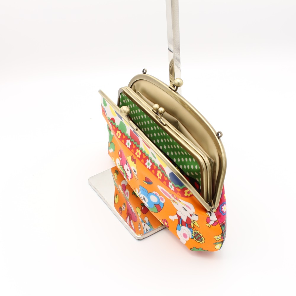 親子がま口　長財布　防水・撥水ラミネート素材のポーチ　レトロ　ハニーチューン　オレンジ　がまぐちポーチ　スマホポーチ