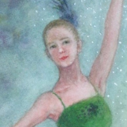 水彩画 『バレリーナ 』緑鳥 ／ 自筆・手描き原画 ／ 額（44.5cm