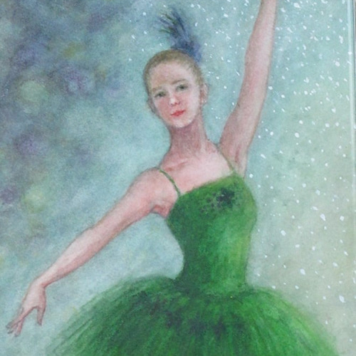 水彩画 『バレリーナ 』緑鳥 ／ 自筆・手描き原画 ／ 額（44.5cm X