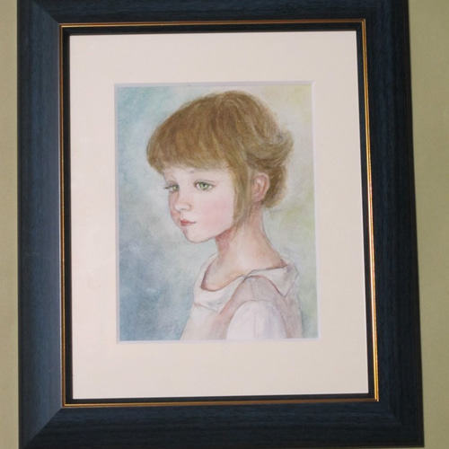 少女の油彩画 青と白のトーン 水彩画 『少女』青い思い出 ／ 自筆・手描き原画 F0サイズ／ 額・共箱